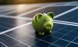 a piggy bank sitting on a dark blue tiled surface