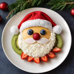 a plate with a kiwi and a santa hat