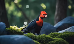 the red and black bird is perched on green plants