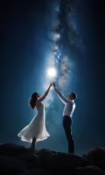 a couple is holding hands in the middle of the night with the milky in the background