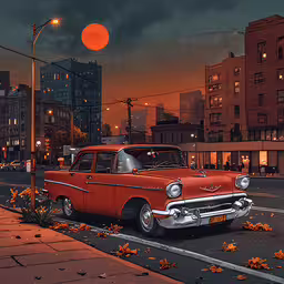 an illustration of a car parked at the curb in a city,a red car driving down the street with buildings in the background