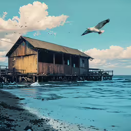 an ocean with the words fish, seagulls and a building on it,a house is floating away on the ocean
