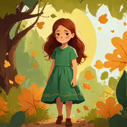 the young girl in green dress is standing on a path by some leaves,a child in a green dress stands on a dirt path in front of leaves and trees