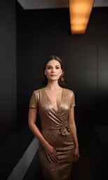 a woman in a gold dress posing for a picture