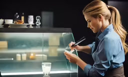 a young blonde woman holding a cell phone next to an aquarium