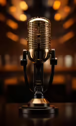 a microphone is illuminated by a brown lighting fixture