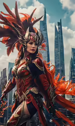 a woman dressed in armor standing with red feathers