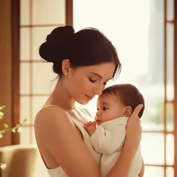a woman is holding a baby in her arms