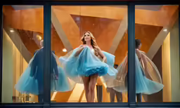 the reflection of two models in a store window