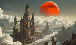 an illustration of an orange moon over a castle on a rocky island