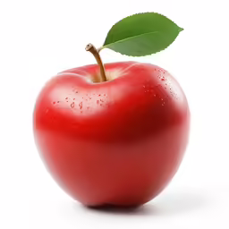 an apple with a leaf on it that is red