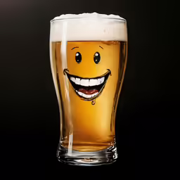 a glass filled with something and smiling