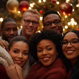 a family poses for a picture in front of a christmas tree
