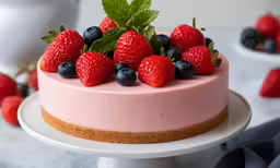 a strawberry, blueberries and mint cake is displayed on a small plate
