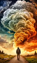 man walking down a dirt road in the distance while a colorful smokestack is over them