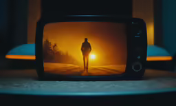 a man is walking away from a television that shows a sunset