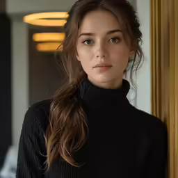 a woman with long hair in a black sweater stands against a wall