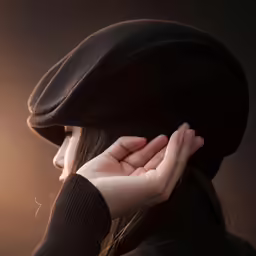the person is wearing a hat and touching their hand
