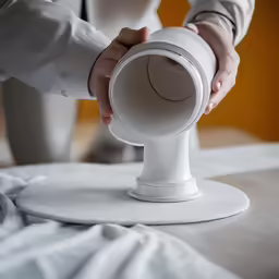 a person is holding the top of a table fan
