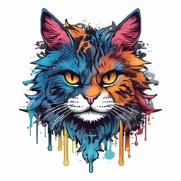 the head of a cat painted in ink with lots of colors