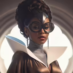 a woman wearing black and white futuristic gear