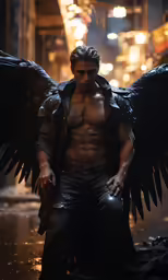 a man is sitting down with wings on his chest