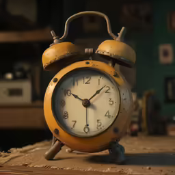 a vintage fashioned yellow alarm clock sitting on a table