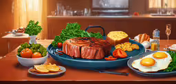 a table is set up with bread, eggs and vegetables,the meal was done with all the ingredients that include oranges, bread and eggs