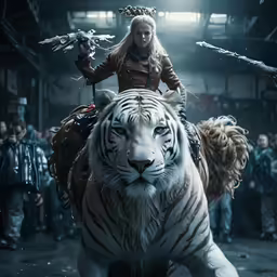 a woman riding on top of a tiger
