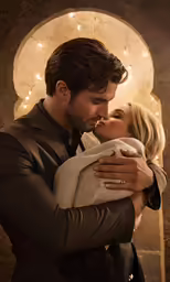 a woman embracing a man in a brown jacket