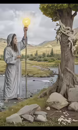 a woman in costume holding up a light next to a tree