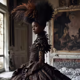 a woman wearing a dress with large ruffles