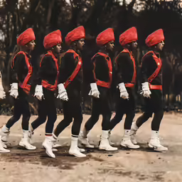 a parade of men in red and black marching attire