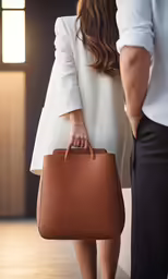 woman in white dress carrying a brown briefcase