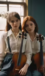 two young women pose next to each other holding their instruments