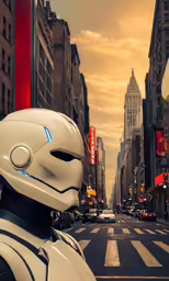 an artificial robot riding in the street with people walking