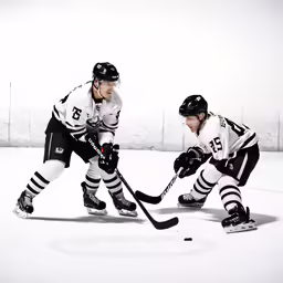 two hockey players wearing black and white uniforms on the ice