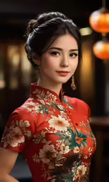 a beautiful asian woman with a flower print shirt