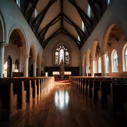 an empty church with stained glass windows and pews