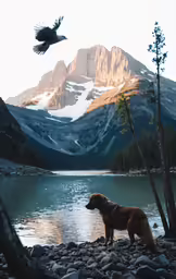 a dog standing on some rocks next to water