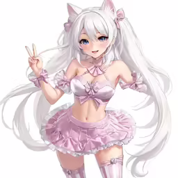 a white haired girl in a pink outfit with long hair