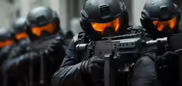 police with their arms in the air and weapons