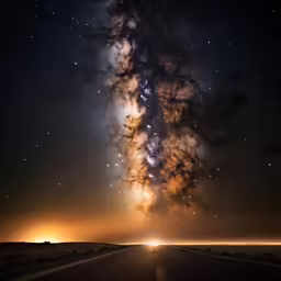 a bright light streak in the night sky near the road