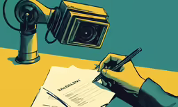a hand signing papers while the camera is sitting on top of the table