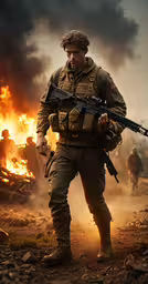 a soldier carries a machine gun on his back as he walks through the field,the image of soldier with rifle in fire