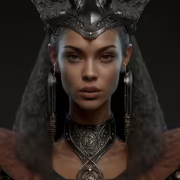 the face of a woman dressed in armor and jewelry