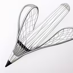 a pen drawing with a pointed point on a piece of paper,an image of three scissors made out of wire,this drawing is showing a pencil and some sort of tail,a black pen drawing of three metal spirals,a pencil drawing of an object made out of metal