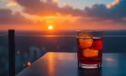 a glass with orange wedges on it in front of a sunset