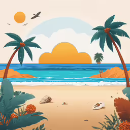 a poster with palm trees on the beach,the sun is setting behind a beach scene