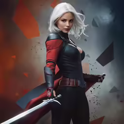 a woman in a red and black outfit with a sword